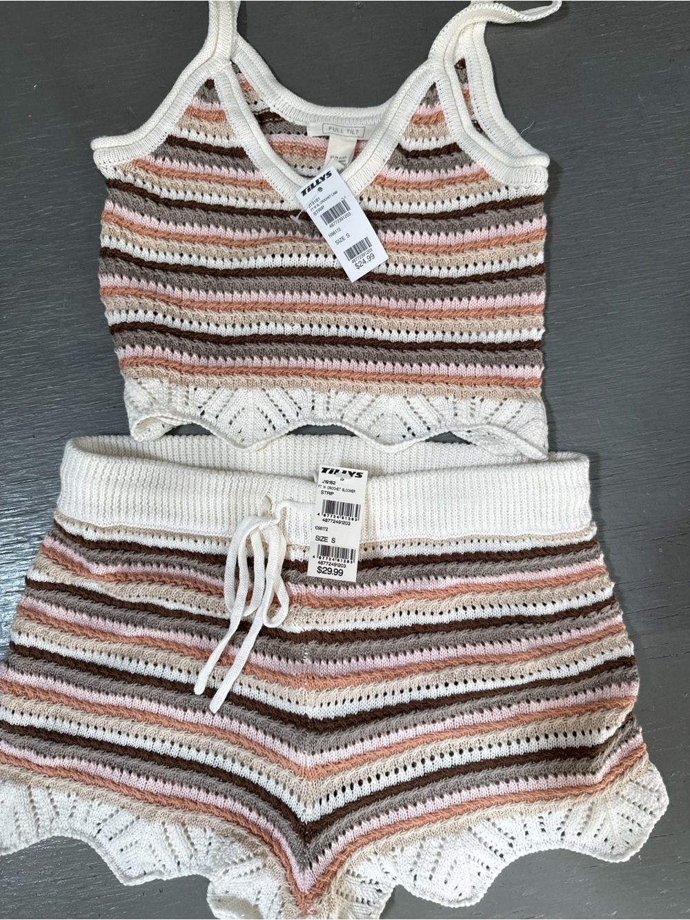 Full Tilt Ivory, Pink & Brown Striped Knit Tank and Shorts Set